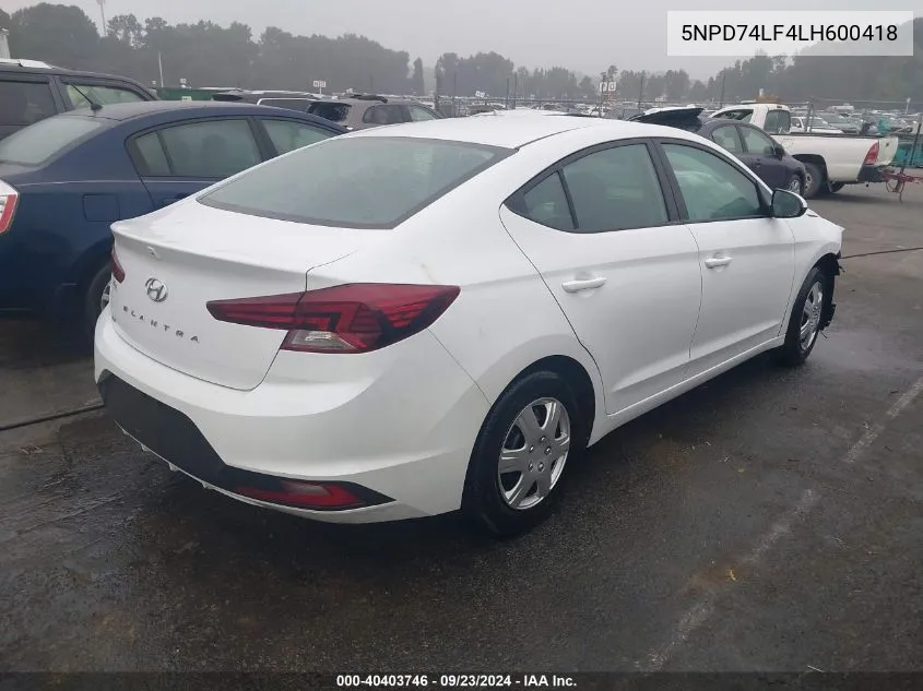 5NPD74LF4LH600418 2020 Hyundai Elantra Se