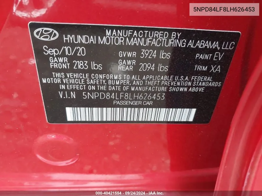 5NPD84LF8LH626453 2020 Hyundai Elantra Value Edition