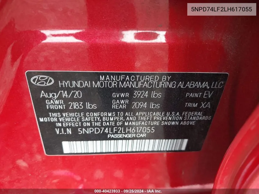 5NPD74LF2LH617055 2020 Hyundai Elantra Se