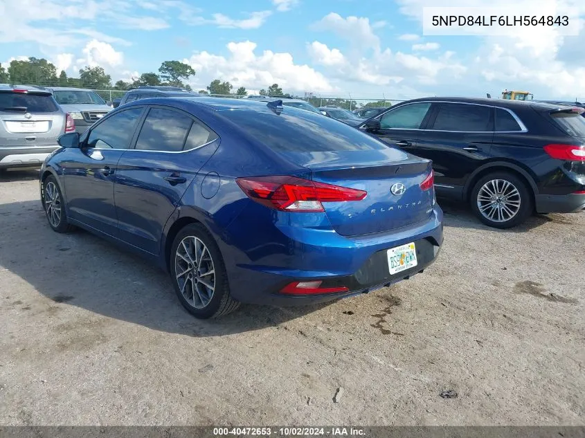 2020 Hyundai Elantra Limited VIN: 5NPD84LF6LH564843 Lot: 40472653