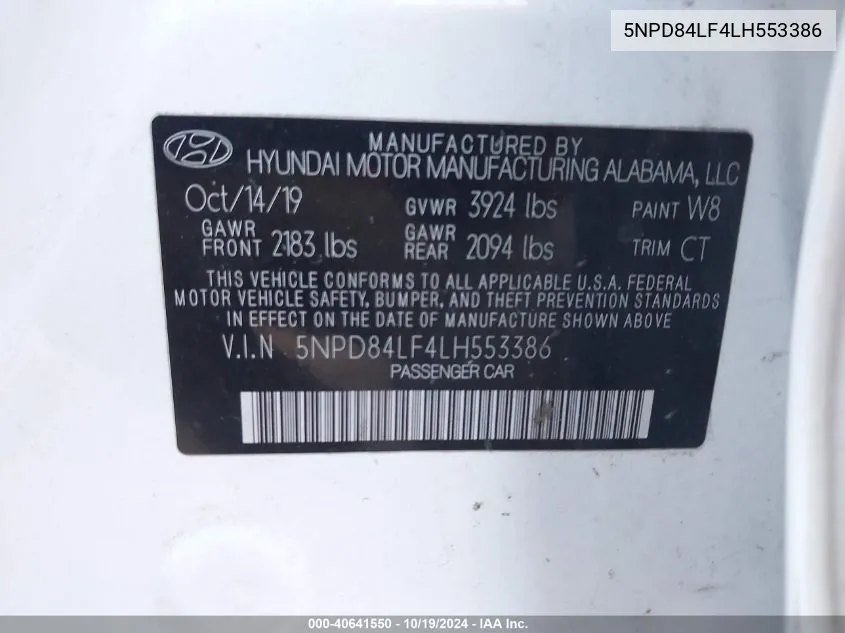 2020 Hyundai Elantra Sel VIN: 5NPD84LF4LH553386 Lot: 40641550