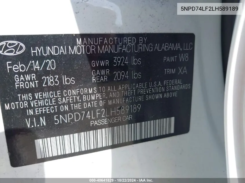 2020 Hyundai Elantra Se VIN: 5NPD74LF2LH589189 Lot: 40641829