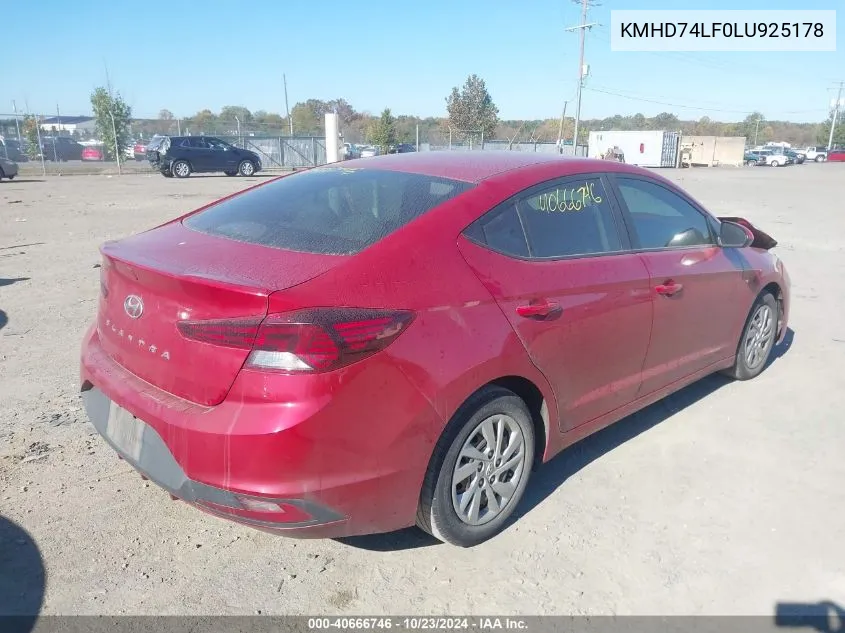 2020 Hyundai Elantra Se VIN: KMHD74LF0LU925178 Lot: 40666746