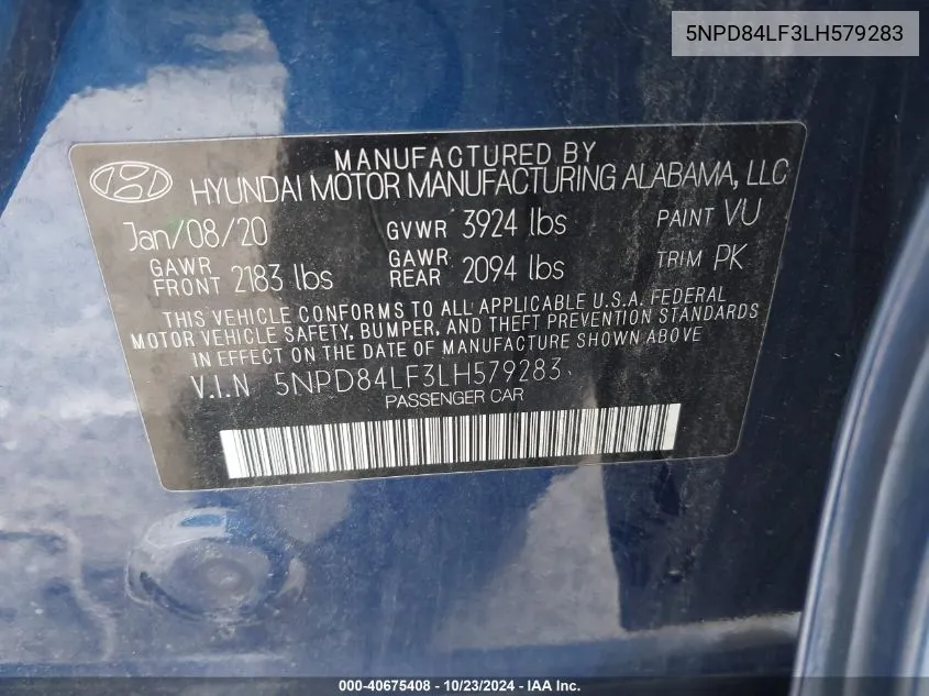 2020 Hyundai Elantra Sel VIN: 5NPD84LF3LH579283 Lot: 40675408