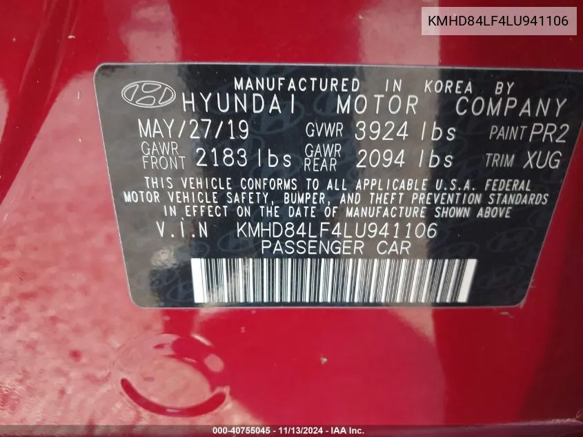 2020 Hyundai Elantra Sel VIN: KMHD84LF4LU941106 Lot: 40755045