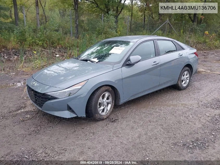 2021 Hyundai Elantra Se VIN: KMHLL4AG3MU136706 Lot: 40420819