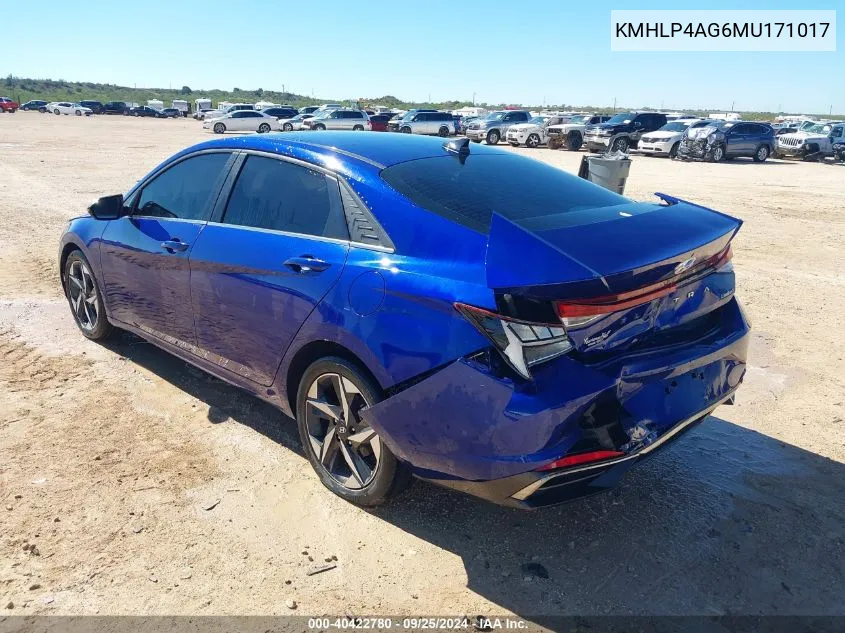 2021 Hyundai Elantra Limited VIN: KMHLP4AG6MU171017 Lot: 40422780