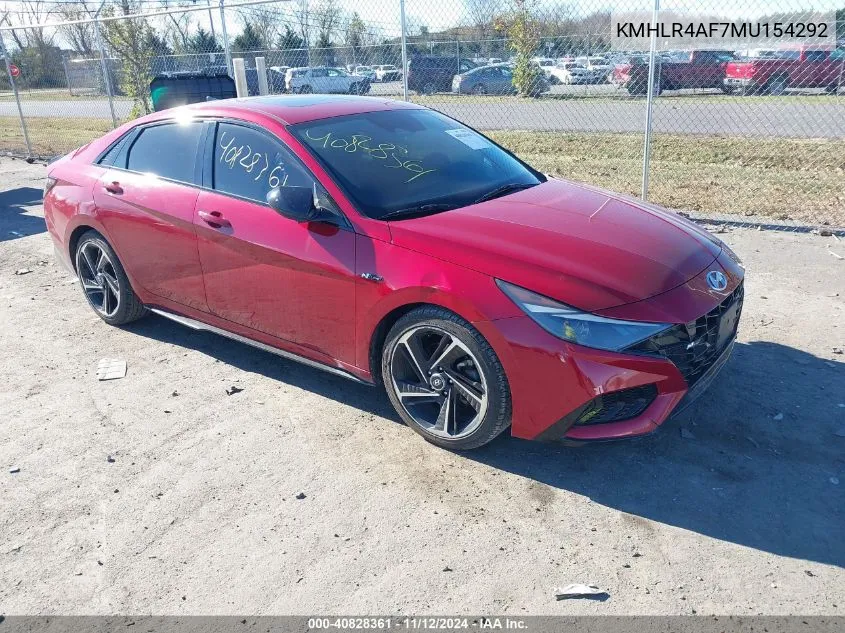 2021 Hyundai Elantra N Line VIN: KMHLR4AF7MU154292 Lot: 40828361