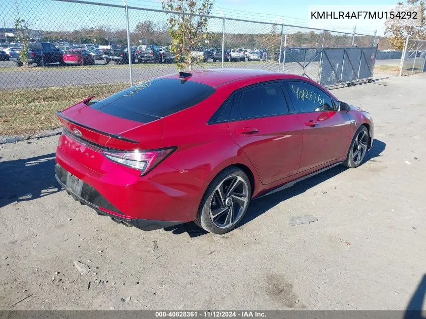 2021 Hyundai Elantra N Line VIN: KMHLR4AF7MU154292 Lot: 40828361