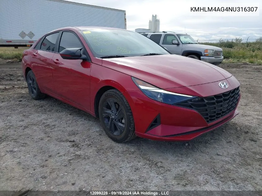 2022 Hyundai Elantra Sel VIN: KMHLM4AG4NU316307 Lot: 12099228