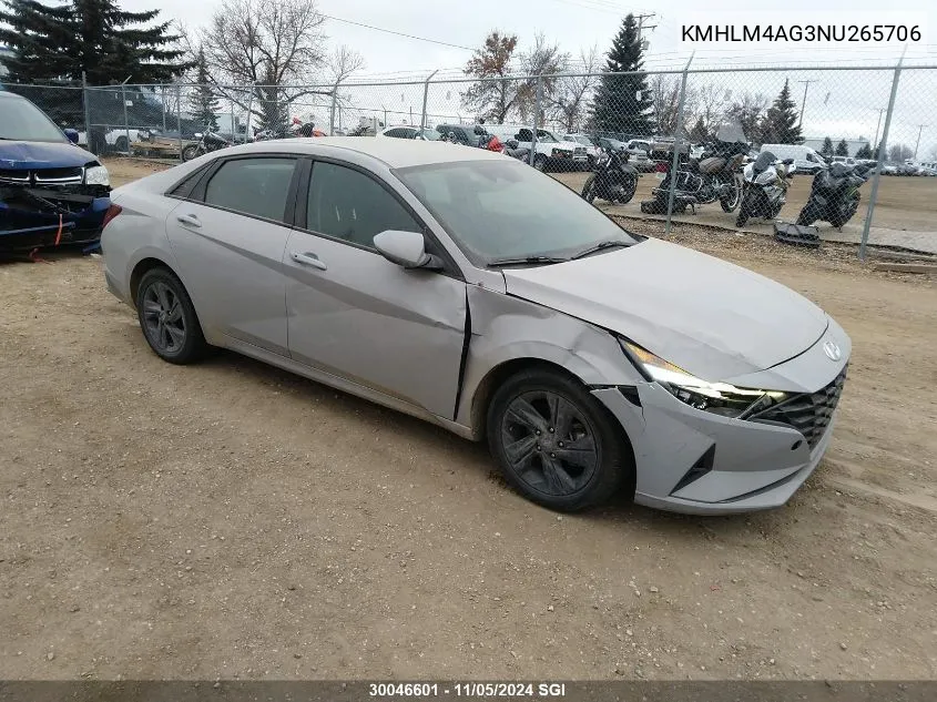 2022 Hyundai Elantra Sel VIN: KMHLM4AG3NU265706 Lot: 30046601