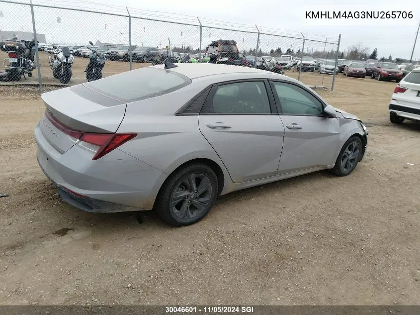 2022 Hyundai Elantra Sel VIN: KMHLM4AG3NU265706 Lot: 30046601