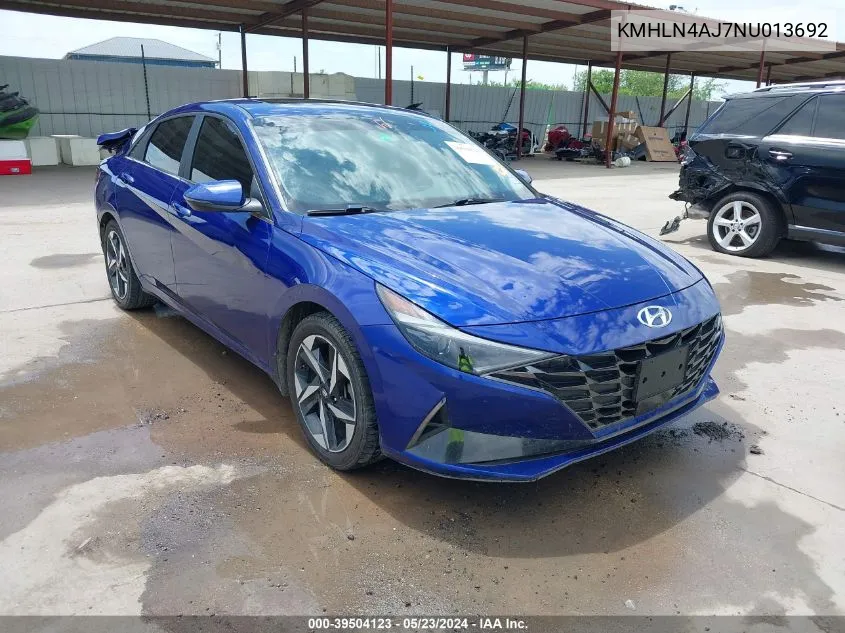 2022 Hyundai Elantra Hybrid Limited VIN: KMHLN4AJ7NU013692 Lot: 39504123