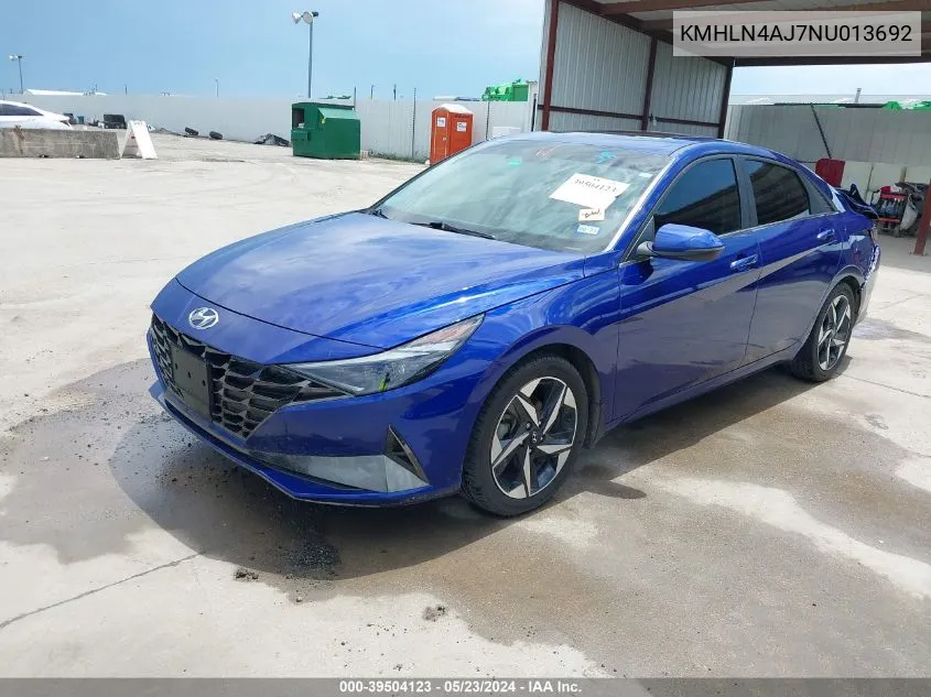 2022 Hyundai Elantra Hybrid Limited VIN: KMHLN4AJ7NU013692 Lot: 39504123