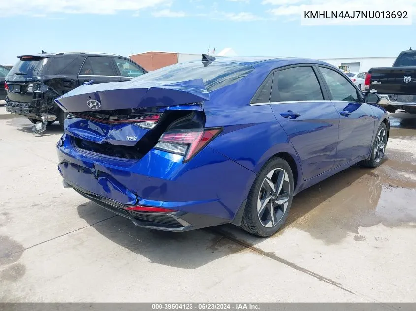 2022 Hyundai Elantra Hybrid Limited VIN: KMHLN4AJ7NU013692 Lot: 39504123