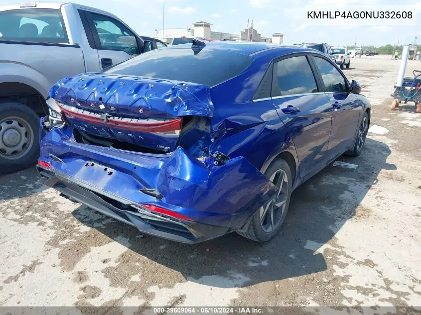 2022 Hyundai Elantra Limited VIN: KMHLP4AG0NU332608 Lot: 39609064