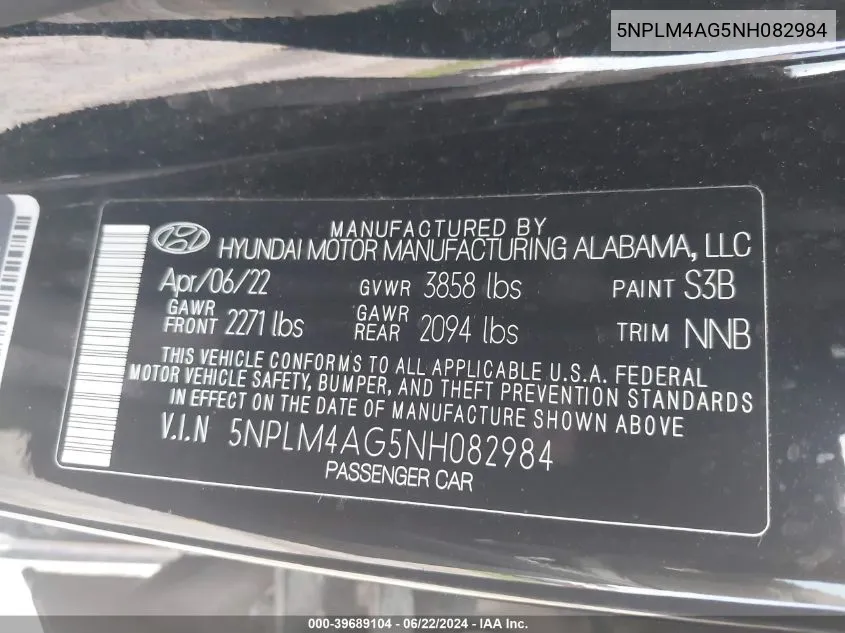 5NPLM4AG5NH082984 2022 Hyundai Elantra Sel