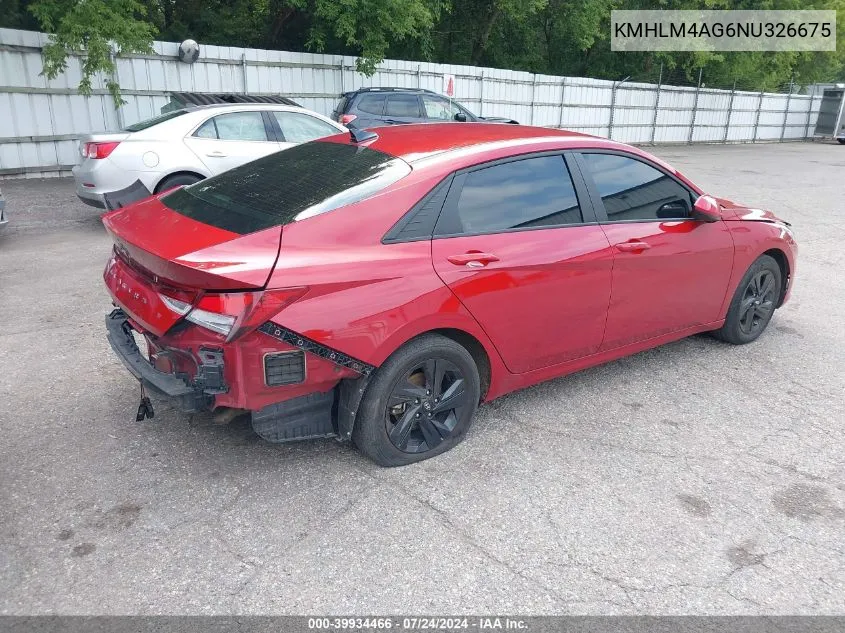 2022 Hyundai Elantra Sel VIN: KMHLM4AG6NU326675 Lot: 39934466