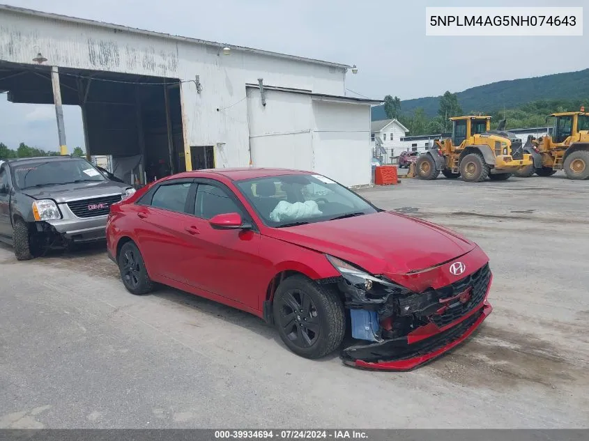 2022 Hyundai Elantra Sel VIN: 5NPLM4AG5NH074643 Lot: 39934694