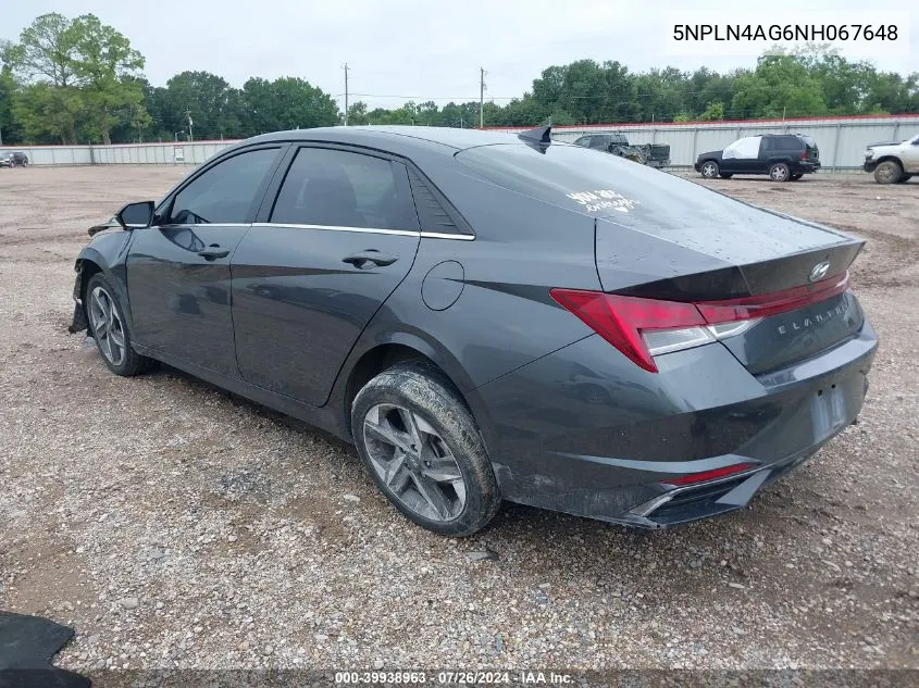 2022 Hyundai Elantra Sel VIN: 5NPLN4AG6NH067648 Lot: 39938963