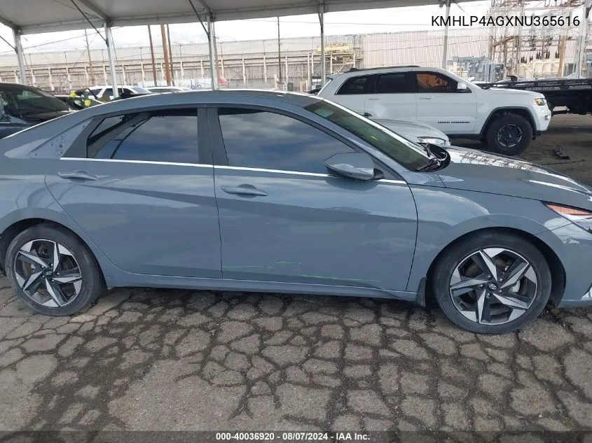 2022 Hyundai Elantra Limited VIN: KMHLP4AGXNU365616 Lot: 40036920