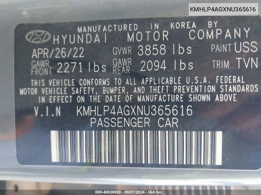 KMHLP4AGXNU365616 2022 Hyundai Elantra Limited