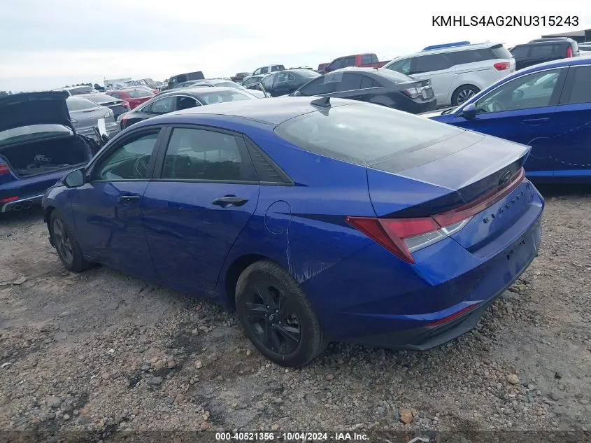 2022 Hyundai Elantra Sel VIN: KMHLS4AG2NU315243 Lot: 40521356