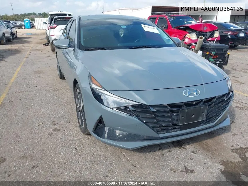 2022 Hyundai Elantra Limited VIN: KMHLP4AG0NU364135 Lot: 40765598