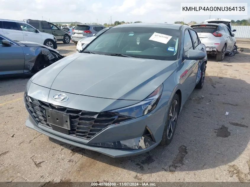 2022 Hyundai Elantra Limited VIN: KMHLP4AG0NU364135 Lot: 40765598