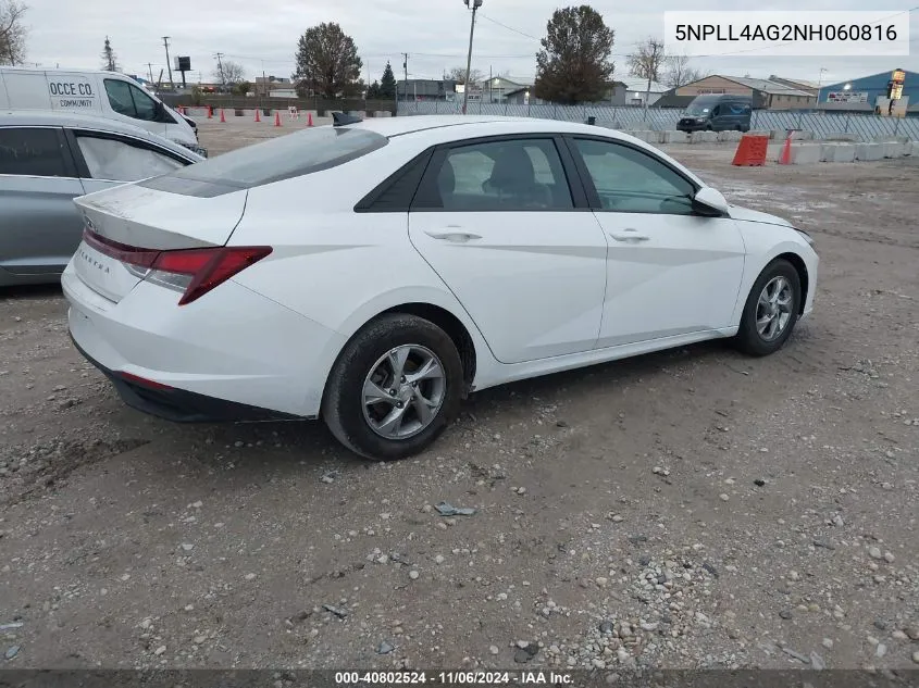 2022 Hyundai Elantra Se VIN: 5NPLL4AG2NH060816 Lot: 40802524