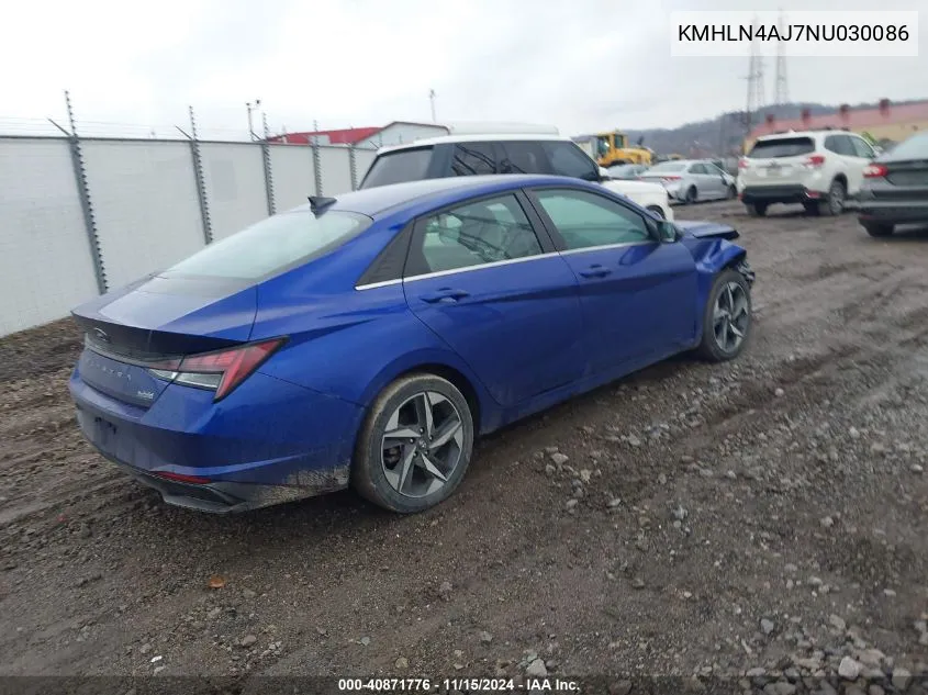 2022 Hyundai Elantra Hybrid Limited VIN: KMHLN4AJ7NU030086 Lot: 40871776