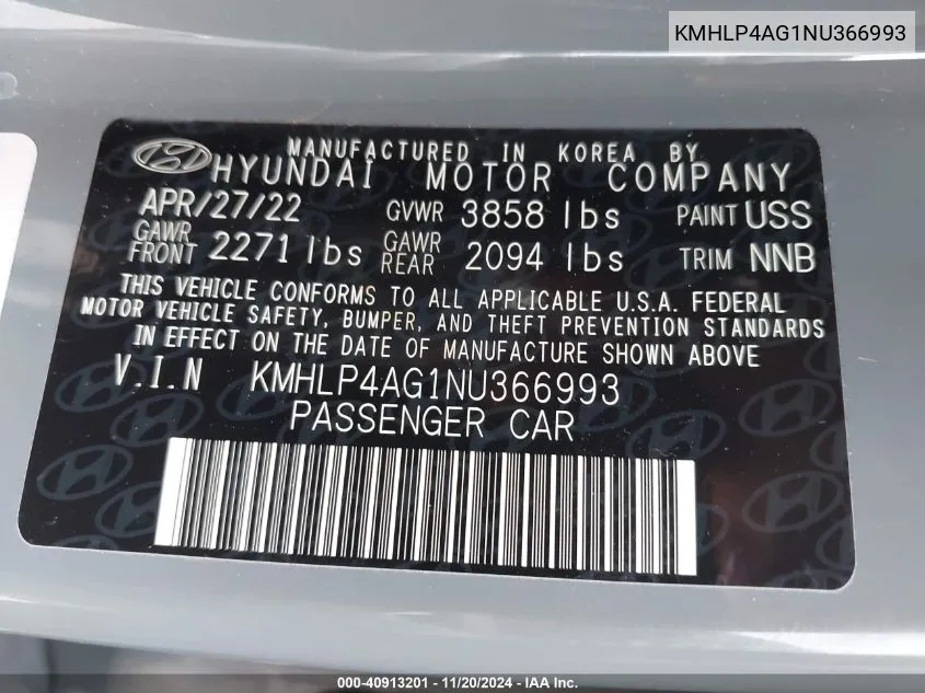 2022 Hyundai Elantra Limited VIN: KMHLP4AG1NU366993 Lot: 40913201