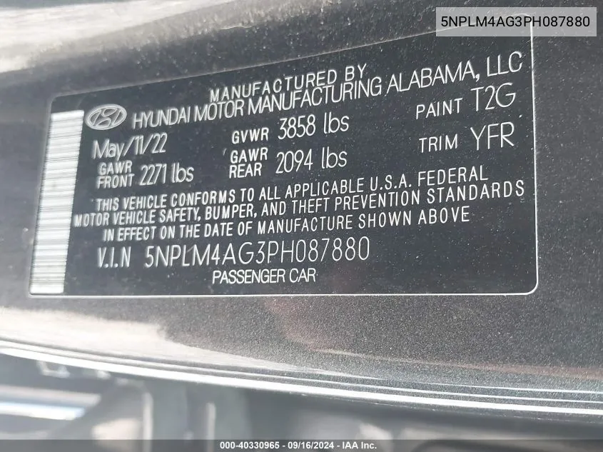 2023 Hyundai Elantra Sel VIN: 5NPLM4AG3PH087880 Lot: 40330965