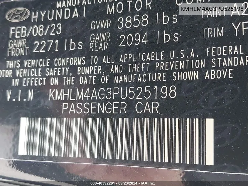 2023 Hyundai Elantra Sel VIN: KMHLM4AG3PU525198 Lot: 40392281