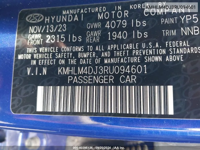 2024 Hyundai Elantra Hybrid Blue VIN: KMHLM4DJ3RU094601 Lot: 40395136