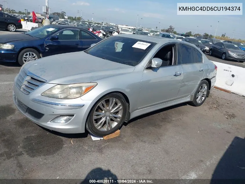 2012 Hyundai Genesis 3.8 VIN: KMHGC4DD6CU194374 Lot: 40520111