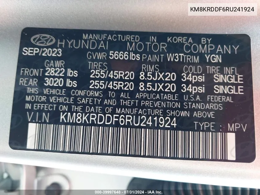 2024 Hyundai Ioniq 5 Limited VIN: KM8KRDDF6RU241924 Lot: 39997648