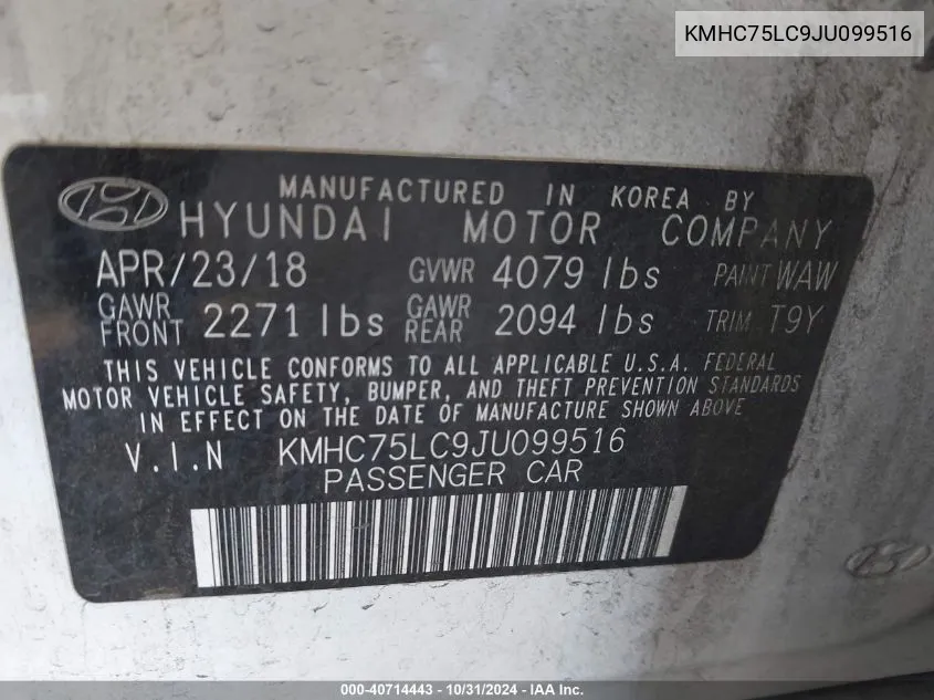 KMHC75LC9JU099516 2018 Hyundai Ioniq Hybrid Sel