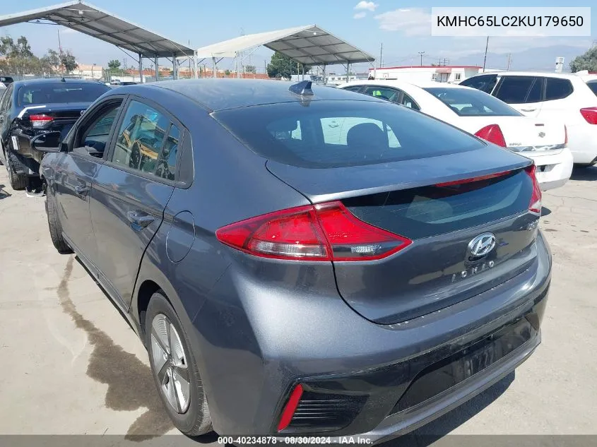 2019 Hyundai Ioniq Hybrid Blue VIN: KMHC65LC2KU179650 Lot: 40234878