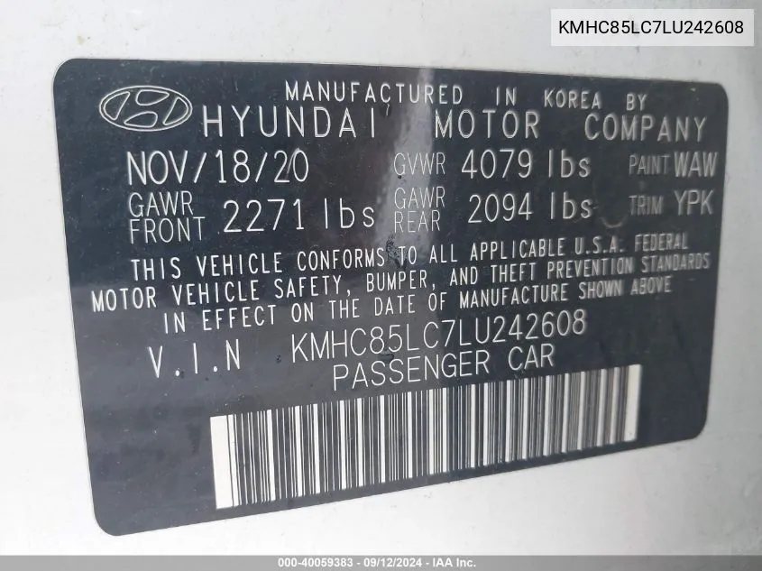 KMHC85LC7LU242608 2020 Hyundai Ioniq Hybrid Sel