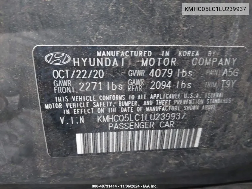 2020 Hyundai Ioniq Hybrid Limited VIN: KMHC05LC1LU239937 Lot: 40791414