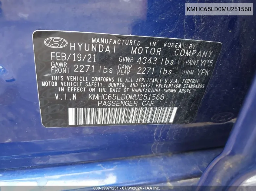 KMHC65LD0MU251568 2021 Hyundai Ioniq Plug-In Hybrid Se