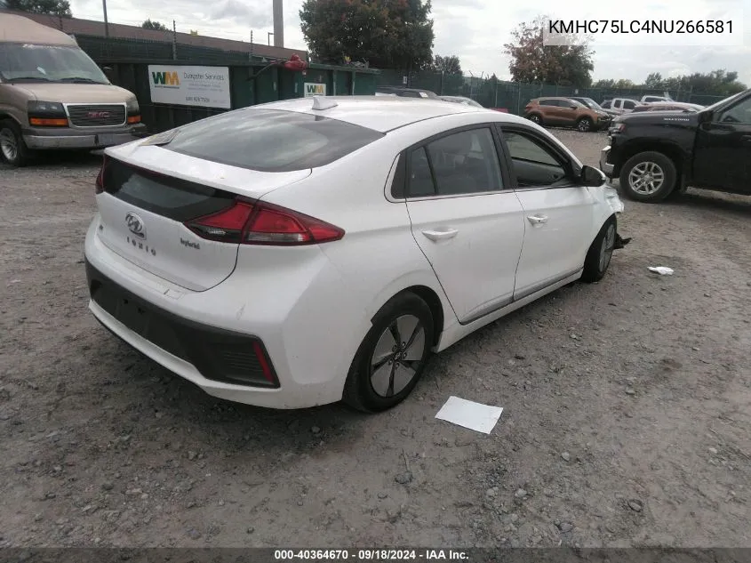 2022 Hyundai Ioniq Hybrid Se VIN: KMHC75LC4NU266581 Lot: 40364670