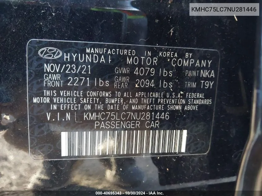 KMHC75LC7NU281446 2022 Hyundai Ioniq Hybrid Se