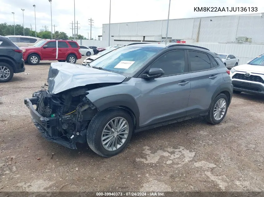 2018 Hyundai Kona Sel VIN: KM8K22AA1JU136133 Lot: 39940373