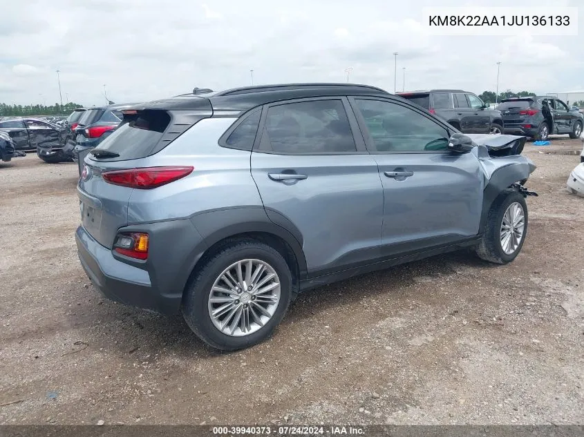 2018 Hyundai Kona Sel VIN: KM8K22AA1JU136133 Lot: 39940373