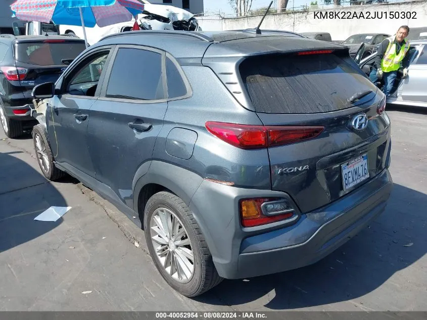 2018 Hyundai Kona Sel VIN: KM8K22AA2JU150302 Lot: 40052954