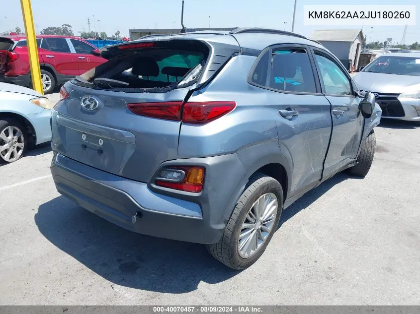 2018 Hyundai Kona Sel VIN: KM8K62AA2JU180260 Lot: 40070457