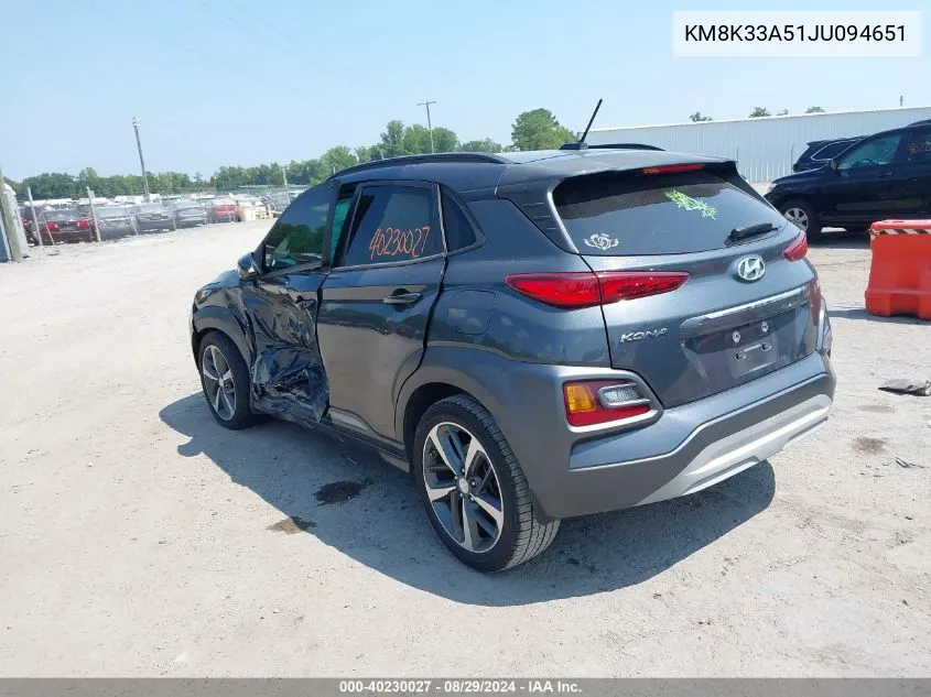 2018 Hyundai Kona Limited VIN: KM8K33A51JU094651 Lot: 40230027