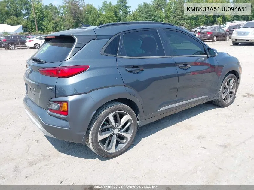 2018 Hyundai Kona Limited VIN: KM8K33A51JU094651 Lot: 40230027